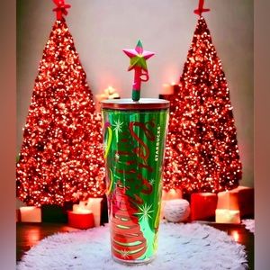 Starbucks 2023 Christmas Ribbon Trees with Silicone Star Straw Topper Removable